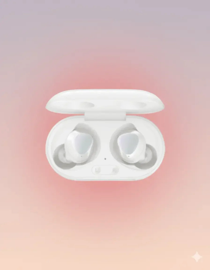 Samsung Galaxy Buds Plus white earbuds in open charging case on gradient background