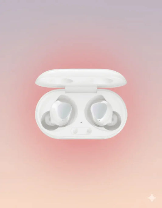Samsung Galaxy Buds Plus white earbuds in open charging case on gradient background