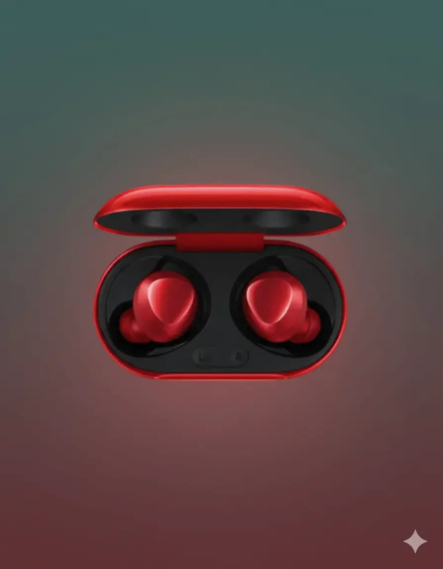 Red Samsung Galaxy Buds Plus in open charging case on gradient background