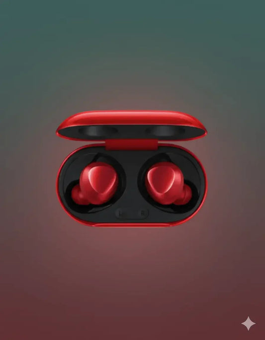 Red Samsung Galaxy Buds Plus in open charging case on gradient background