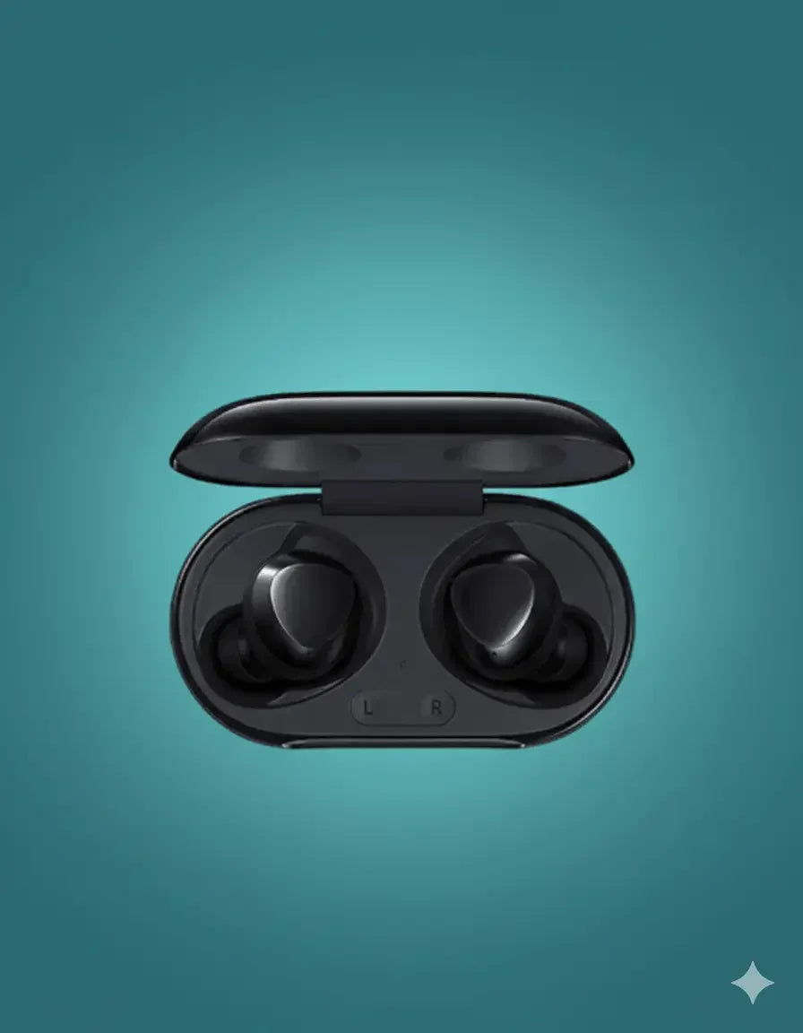 Samsung Galaxy Buds Plus black wireless earbuds in open charging case on blue background