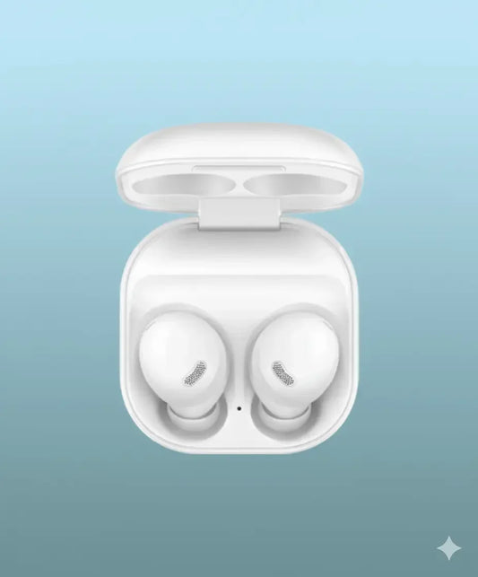 White Samsung Galaxy Buds Pro in open charging case on blue background